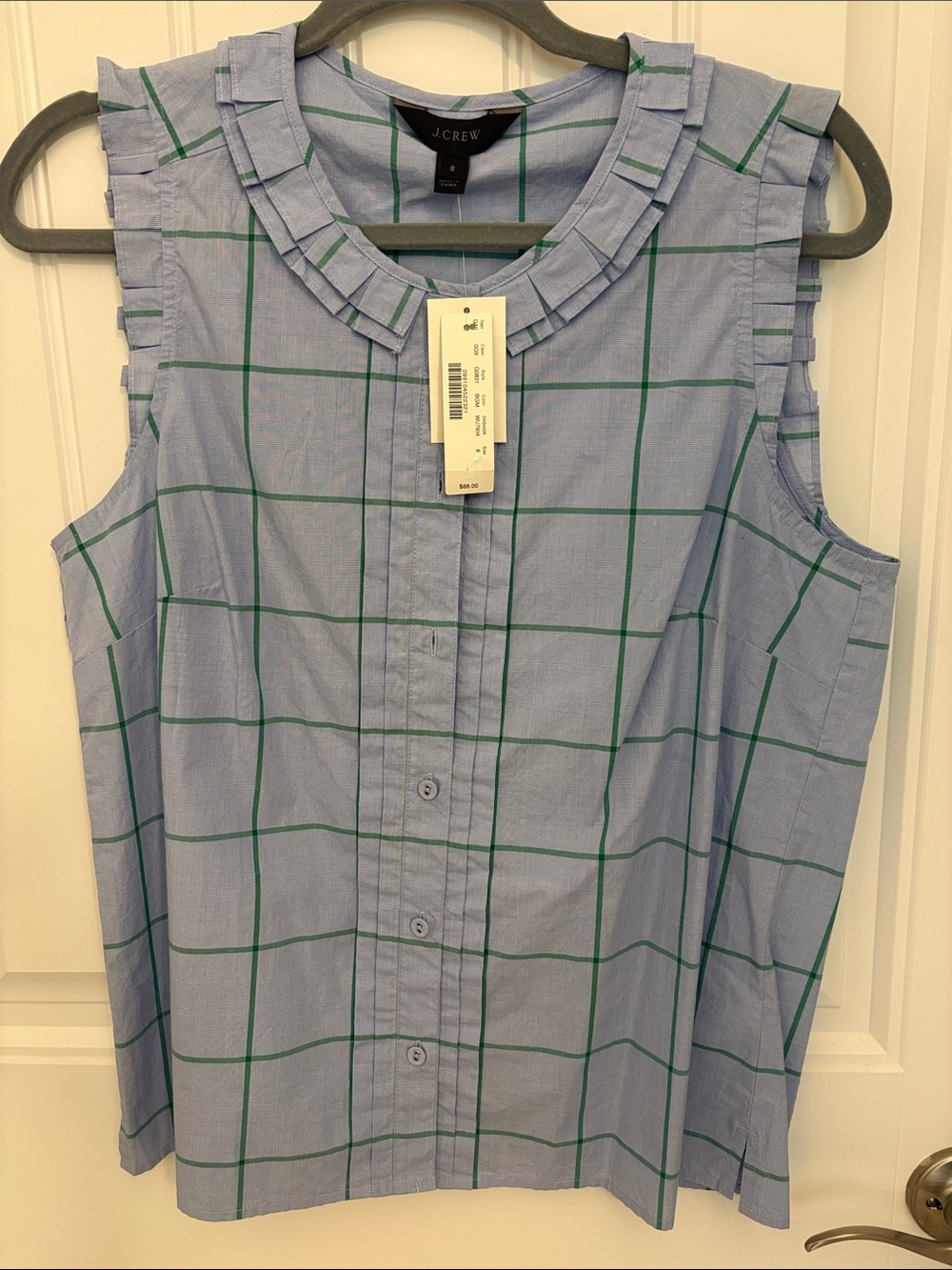 J. Crew Light Blue Sleeveless Windowpane Ruffle Collar Top Size 8